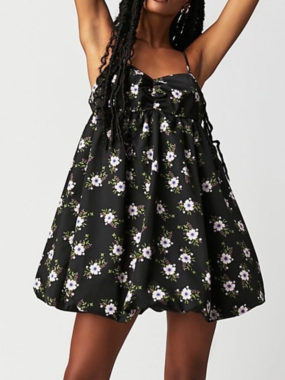 Free People  Bubble Black Floral Mini Dress with Lavender & Green Accents
